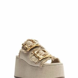 SCHUTZ Cream Platform Slide Sandals with Gold Buckles